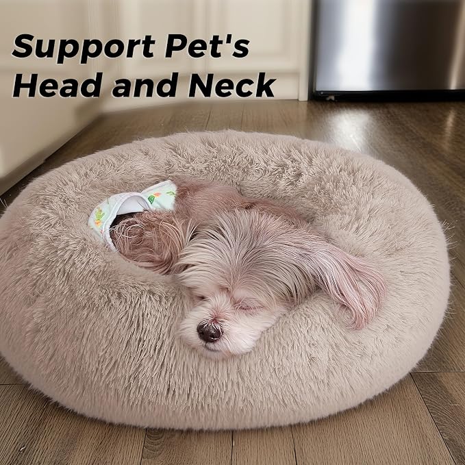 Calming Round Dog Bed & Cat Bed for Indoor Cats, Medium Size Washable Anti-Slip Anti-Anxiety Donut Dog Beds for Small Dogs & Cats, Fluffy Plush Soft Dog Bed(20 Inch, Light Brown)