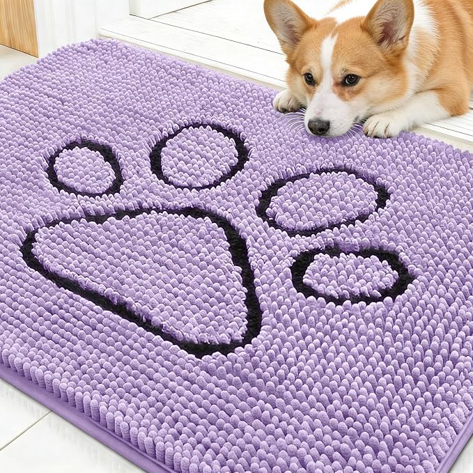 OLANLY Dog Door Mat for Muddy Paws 30x20, Paw Print Design Chenille Mud Mat | Lavender, Absorbent, Traps Moisture and Dirt, Non-Slip Washable Doormat, Quick-Drying Indoor Entryway Floor Carpet for Dogs