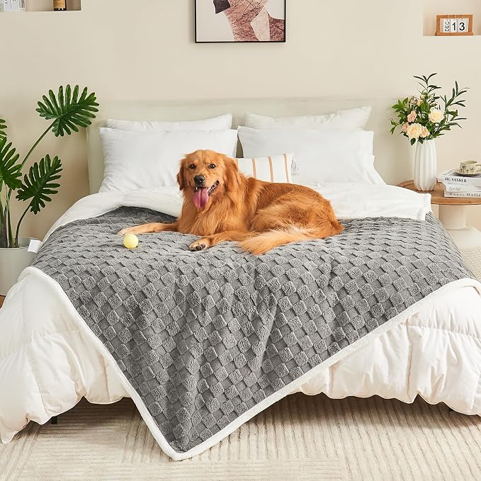 Checkered Waterproof Blanket for Bed Couch Sofa Car, Fluffy Soft Dog Blanket with 3D Jacquard Grid Pattern, Reversible Leakproof Pet Blankets for Dogs Cats Puppies, Grey, 60"x80"