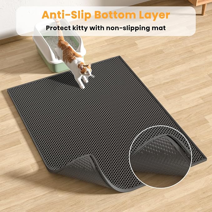 Pieviev Double Layer Cat Litter Mat Traps Scattered Litter 30''x24'' 2 Pack | Waterproof Urine Resistant Layer Litter Box Mat, Easy Collection, Soft on Kitty Paws, Black Color for Indoor Cats