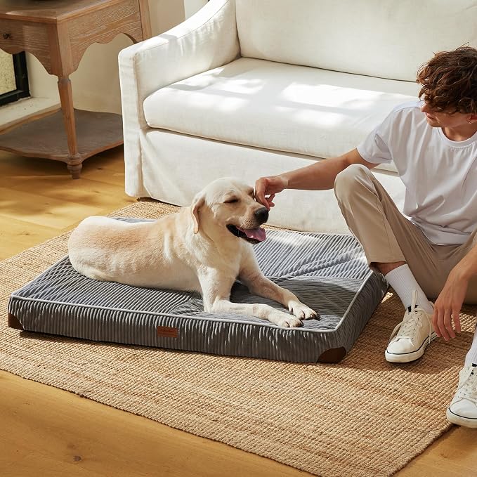 FUKUMARU X-Large Dog Bed, Thickened Waterproof Dog Mat with Washable Cover | 4" Extra Thick Egg Crate Foam Pet Mat, Corduroy Orthopedic Dog Bed for Crate, Flat Dog Pad with Anti-Slip Bottom