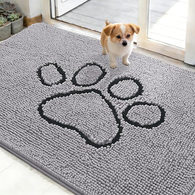 OLANLY Dog Door Mat for Muddy Paws 48x30, Paw Print Design Chenille Mud Mat | Light Grey, Absorbent, Traps Moisture and Dirt, Non-Slip Washable Doormat, Quick-Drying Indoor Entryway Floor Carpet for Dogs