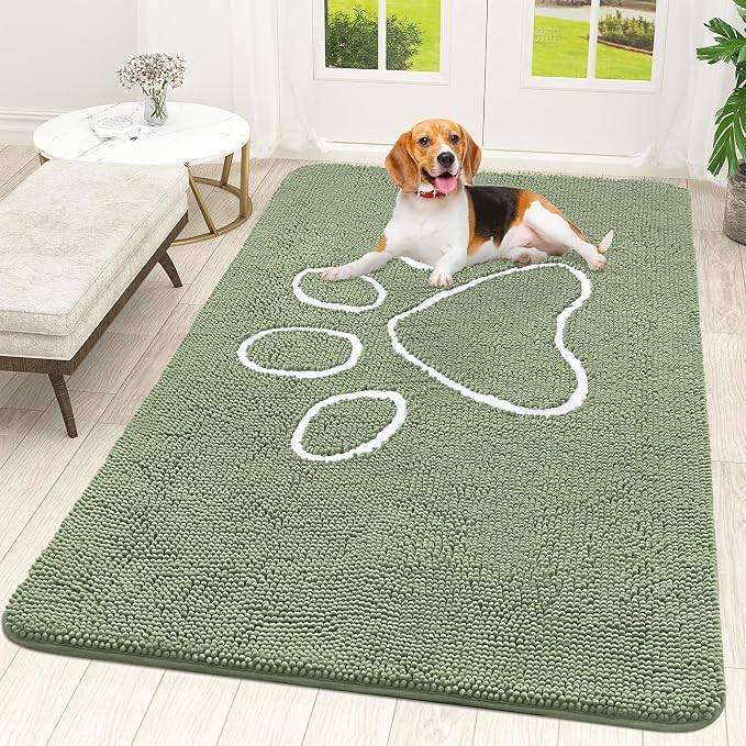 OLANLY Dog Door Mat for Muddy Paws 70x46, Paw Print Design Chenille Mud Mat | Sage Green, Absorbent, Traps Moisture and Dirt, Non-Slip Washable Doormat, Quick-Drying Indoor Entryway Floor Carpet for Dogs