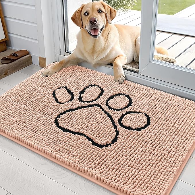 OLANLY Dog Door Mat for Muddy Paws 36x24, Paw Print Design Chenille Mud Mat | Peach, Absorbent, Traps Moisture and Dirt, Non-Slip Washable Doormat, Quick-Drying Indoor Entryway Floor Carpet for Dogs