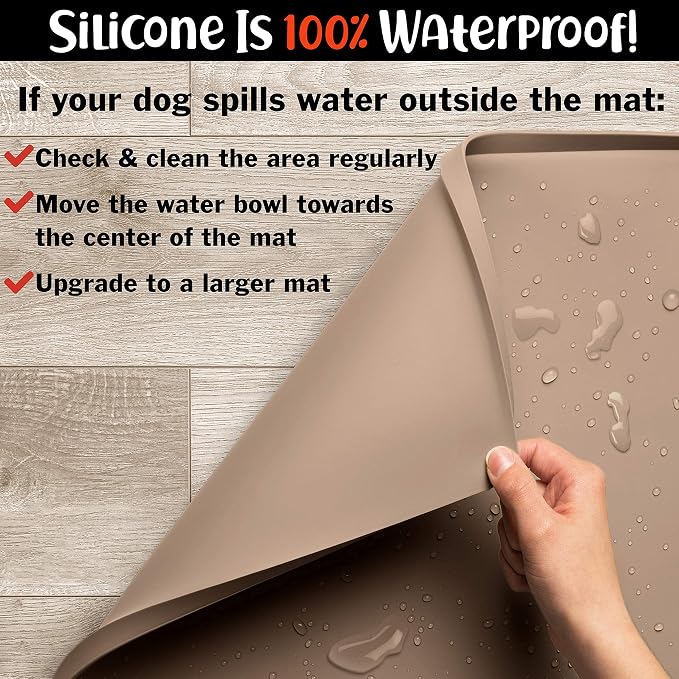 DogBuddy Dog Food Mat – Waterproof Dog Bowl Mat for Food and Water, Silicone Pet Feeding Mats for Floors, Non-Slip Placemat with High Edges for Dogs Bowls, Puppy Essentials (XL: 28" x 18", Taupe)