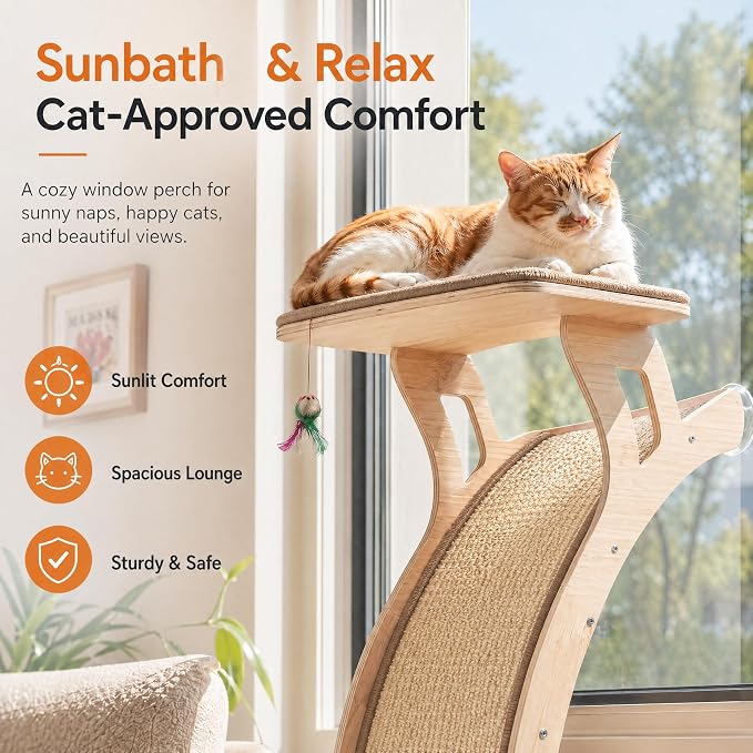 Cat Window Perch with Scratcher Ramp, 48-Inch Tall Wooden Climbing Tree | Fits Windows 13 Inches Wide or More;Heavy-Duty Suction Cups; Drill-Free; Sisal Scratching Mat; Holds Up to 45 lbs