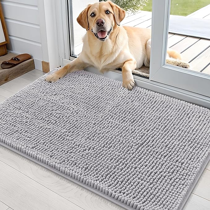 OLANLY Dog Door Mat for Muddy Paws 35x24, Super Absorbent Chenille Mud Mat | Light Grey, Absorbs Moisture and Dirt, Non-Slip Machine Washable Doormat, Quick-Drying Indoor Entryway Floor Carpet for Dogs
