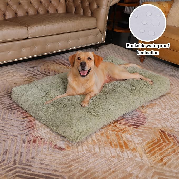 Bedfolks Waterproof Dog Crate Bed, Plush Large Dog Pad, 41"x27", Sage Green | Faux Fur Plush Cover, Zippered Removable Washable Outer, Waterproof Inner Lining, Non-Slip Base, Crate Pad and Dog Pillow