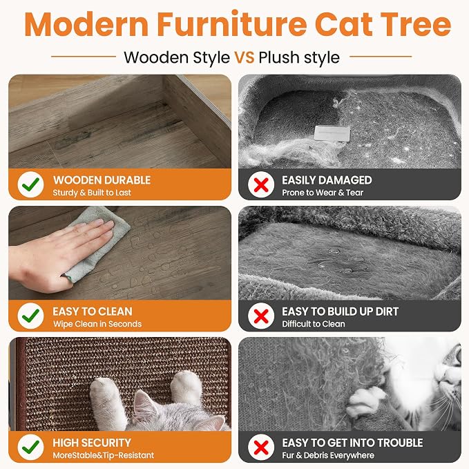 48in Wood Modern Cat Tree for Large Indoor Cats with Big Perch Bed | Multi-Level Climbing Design, Cat Cando, Sisal Scratching Posts and Board, Removable Washable Pads, Stable Greige