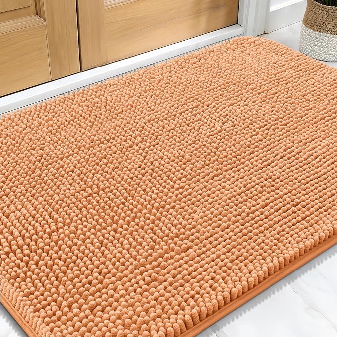 OLANLY Dog Door Mat for Muddy Paws 34x21, Super Absorbent Chenille Mud Mat | Orange, Absorbs Moisture and Dirt, Non-Slip Machine Washable Doormat, Quick-Drying Indoor Entryway Floor Carpet for Dogs