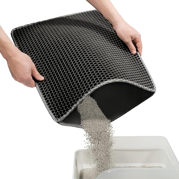 Cat Litter Mat Cat Litter Trapping Mat, 30 x 22 inch Honeycomb Double Layer Design, Urine and Water Proof Material, Scatter Control, Less Waste, Easier to Clean, Washable black
