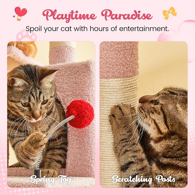 MWPO Cute Cat Tree, 63.8-Inch Pink Cat Tower for Indoor Cats, Multi-Level Cat Condo with 5 Scratching Posts, 2 Perches, Hammock, Dangling Toys