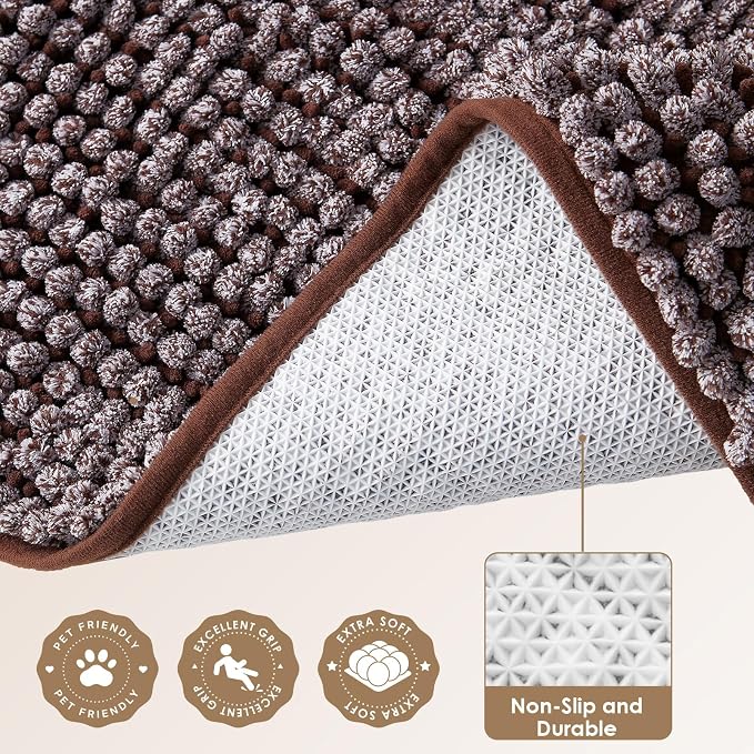 EHEYCIGA Super Absorbent Dog Door Mat for Muddy Paws 60x24 Inch Indoor, Front Doormat Outside Entrance, Quick Dry Chenille Washable Dog Crate Bed, Non-Slip Pet Rug Mud Mat Outdoor Entryway, Brown