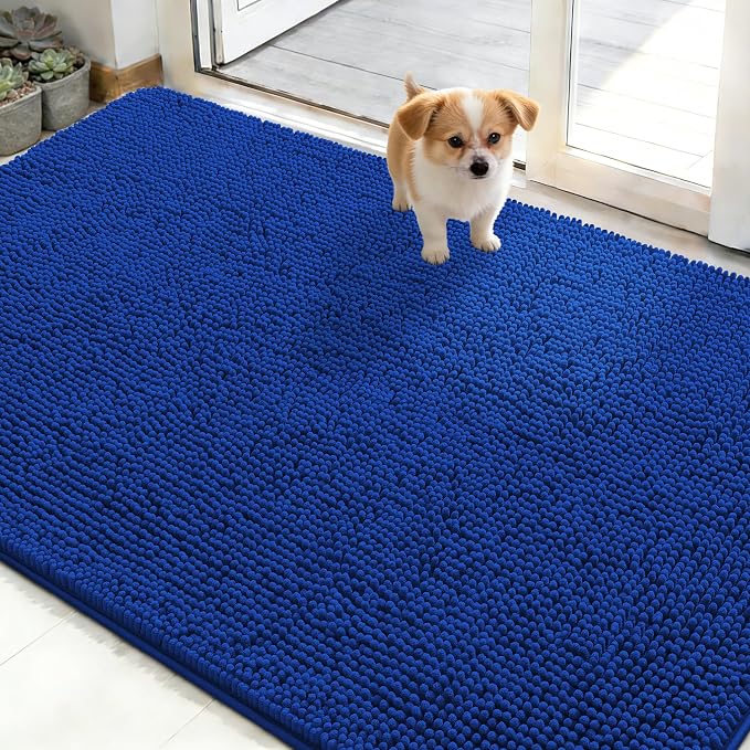 OLANLY Dog Door Mat for Muddy Paws 50x30, Super Absorbent Chenille Mud Mat | Royal Blue, Absorbs Moisture and Dirt, Non-Slip Machine Washable Doormat, Quick-Drying Indoor Entryway Floor Carpet for Dogs