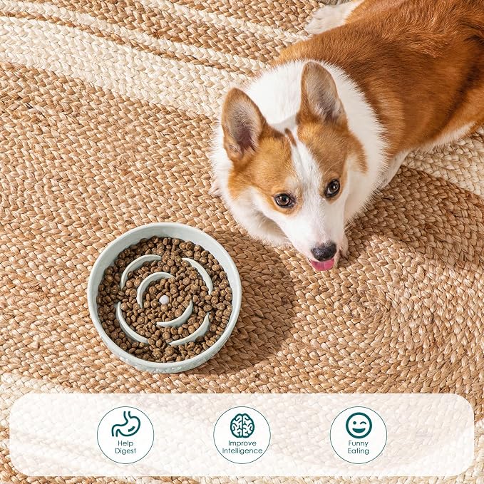 vancasso Slow Feeder Dog Bowl, 1.5 Cups Ceramic Dog Food Dish for Fast Eaters Medium Breed, Puzzle Bowl for Small Dogs and Cats, Grayish Cyan