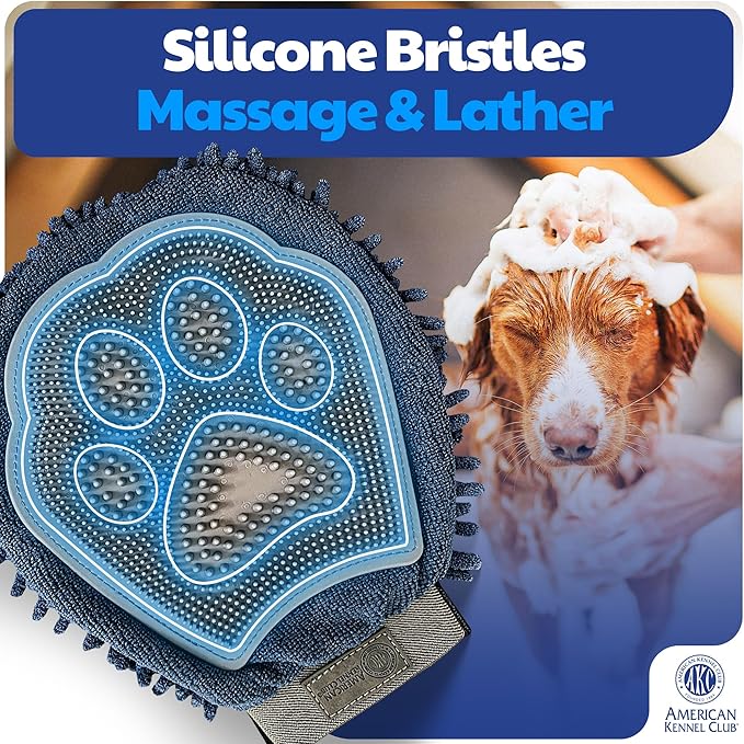 AKC 2-in-1 Dog Grooming Glove & Quick-Dry Towel, Silicone Bristles | Dual-sided bathing and brushing tool supports shedding, massaging and coat care for dogs of all sizes.