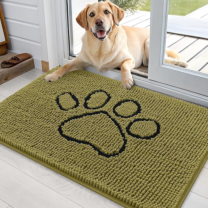 OLANLY Dog Door Mat for Muddy Paws 36x24, Paw Print Design Chenille Mud Mat | Willow Green, Absorbent, Traps Moisture and Dirt, Non-Slip Washable Doormat, Quick-Dry Indoor Entryway Floor Carpet for Dogs