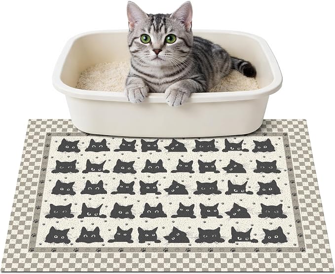 Cat Litter Mat 24"x15" for Litter Box, Non-Slip Washable Floor Mat with Litter Trapping Design, Scatter Control for Cats and Kittens, Black Beige