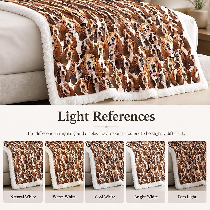BlessLiving Bassett Hound Brown Throw Blanket with Dense Dog Patterns Sherpa Fleece Blanket Couch Bed, Soft Cozy Warm Pet Blankets for Puppy Lovers Cute Animal Print Gift 50x60 Inches