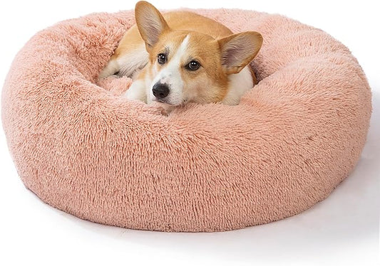 SAVFOX 30 inches Calming Donut Dog Bed - 3X Durable Plush Faux Fur, Machine Washable & Non-Slip, Fits up to 45 lbs, Pink