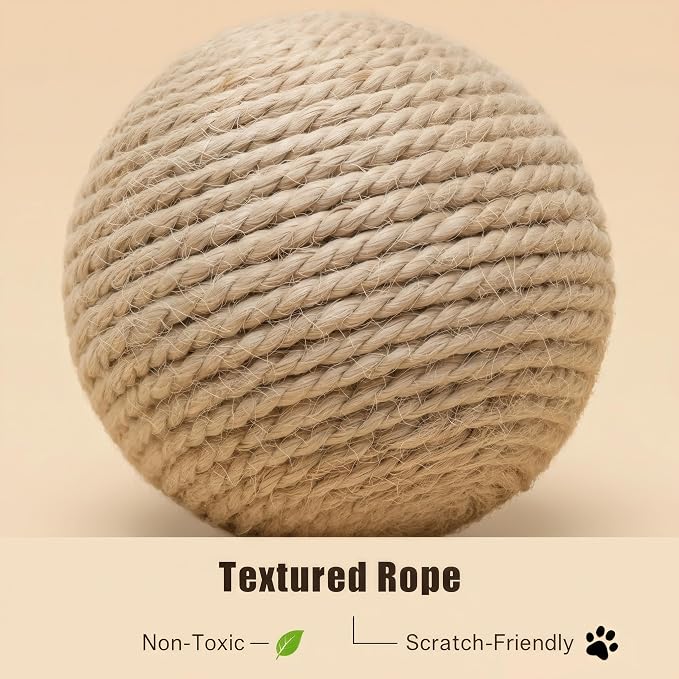 4-Inch Sisal Cat Toy Balls with Crinkle Sound | Indoor Cat Toys for Teething, Claw Sharpening & Play | Large Size Prevents Rolling Under Furniture (Natural)