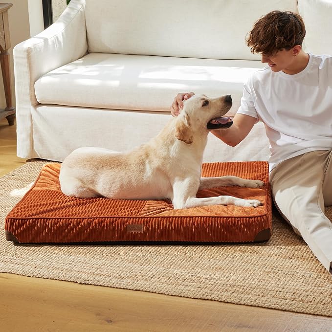 FUKUMARU X-Large Dog Bed, Thickened Waterproof Dog Mat with Washable Cover | 4" Extra Thick Egg Crate Foam Pet Mat, Corduroy Orthopedic Dog Bed for Crate, Flat Dog Pad with Anti-Slip Bottom