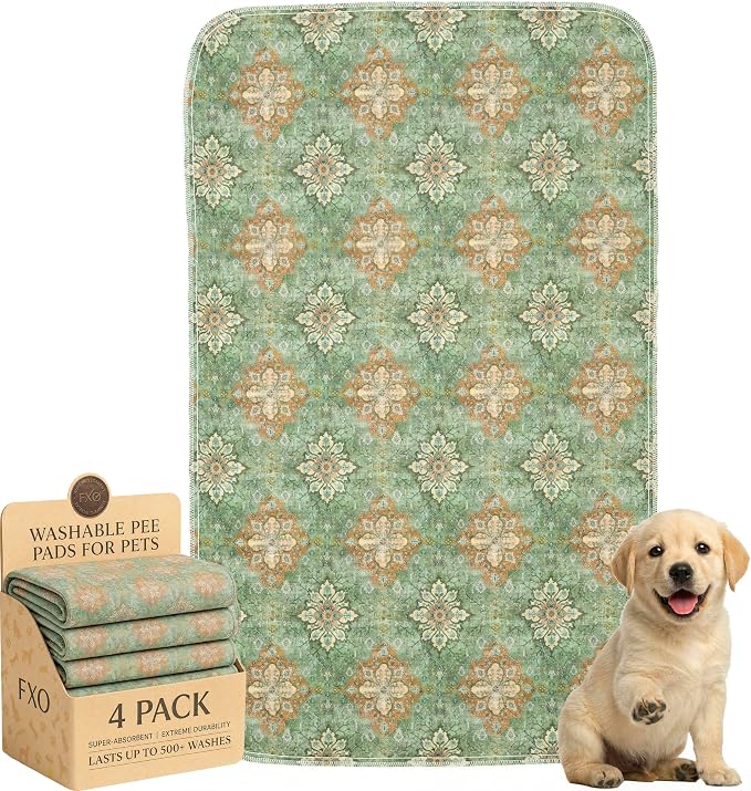 4PACK Washable Pee Pads for Dogs,Great Urine Absorbent Reusable Puppy Training Pads,Waterproof,Leak-Proof & Non-Slip Potty Pads for Whelping,Crate,Playpen,Bed.(Green Floral Flat,24"x36")