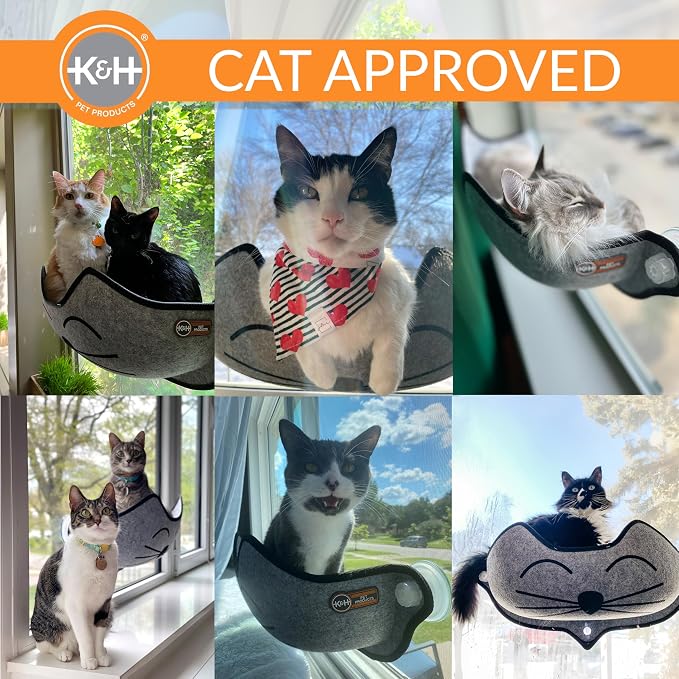 K&H Cat Window Perch Bed, EZ Mount Kitty Face, 27x11x6in, Gray | Sturdy Cat Window Hammock with Strong Suction Cups, Washable Sleeping Pad, Fits 30in W X 15in H Glass Spaces