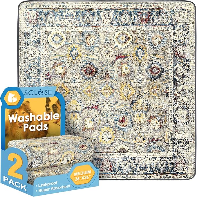 SCLOSE Washable Pee Pad for Dogs 2 Pack, 36" x 36" Reusable Puppy Pads Waterproof Dog Rugs, Super Absorbent, Leakproof, Dog Crate Pad, Playpen Mat, Whelping Pads, Vintage