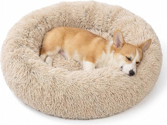 SAVFOX 23 inches Calming Donut Dog Bed - 3X Durable Plush Faux Fur, Machine Washable & Non-Slip, Fits up to 25 lbs, Beige