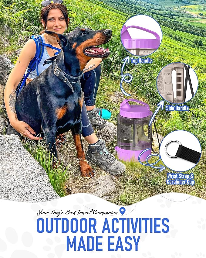 lesotc 77oz Dog Travel Water Bottle, Large Portable Dog Water Bowl Dispenser, Leakproof Pet Drinking Bottle Dispenser for Hiking Camping Walking Travelling Beach Car Trips, No Spill, BPA Free,Purple