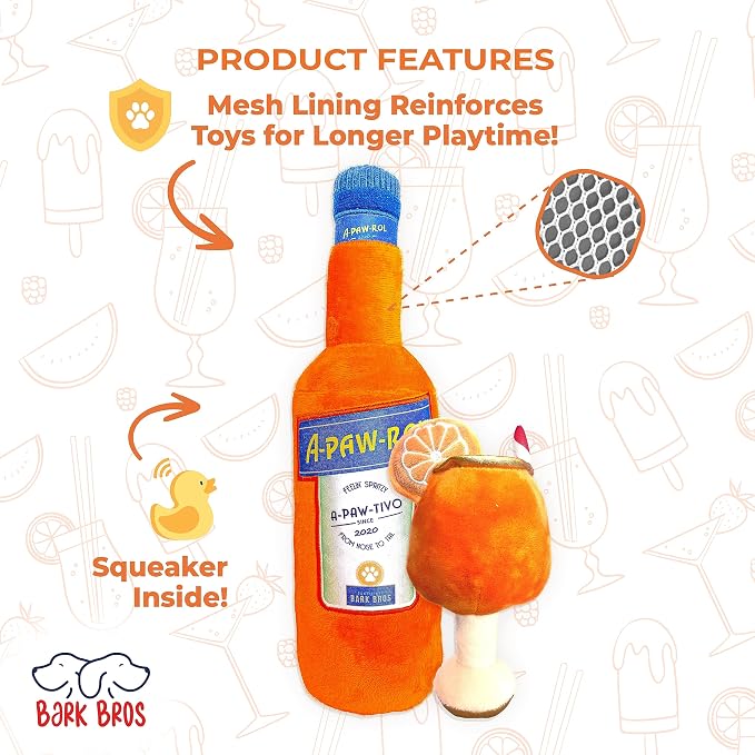 Bark Bros - Liquor Bottle Dog Toy - Plush Squeaky Dog Toys Funny Drink Parody - Alcohol Dog Toy - Dog Birthday Toy - Cute Dog Toys - Puppy Gifts - Puppy Stuff - Dog Stuff (Large, Apawrol Spritz)
