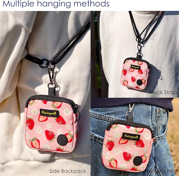 Raisingwell Dog Treat Pouch for Pet Walking and Training with Clicker Poop Bags Small Fanny Zipper Pack Holder for Puppy Snack Dispenser Kit for Leash and Outdoor Use (Strawberry)