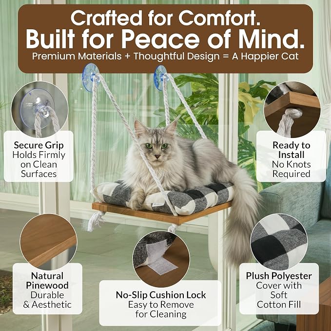 Cat Window Perch, Indoor Hammock Bed with Solid Pine Wood, 4 Industrial-Grade Suction Cups, Window Hammock with Soft Cushion for Cats, Space Saving Design