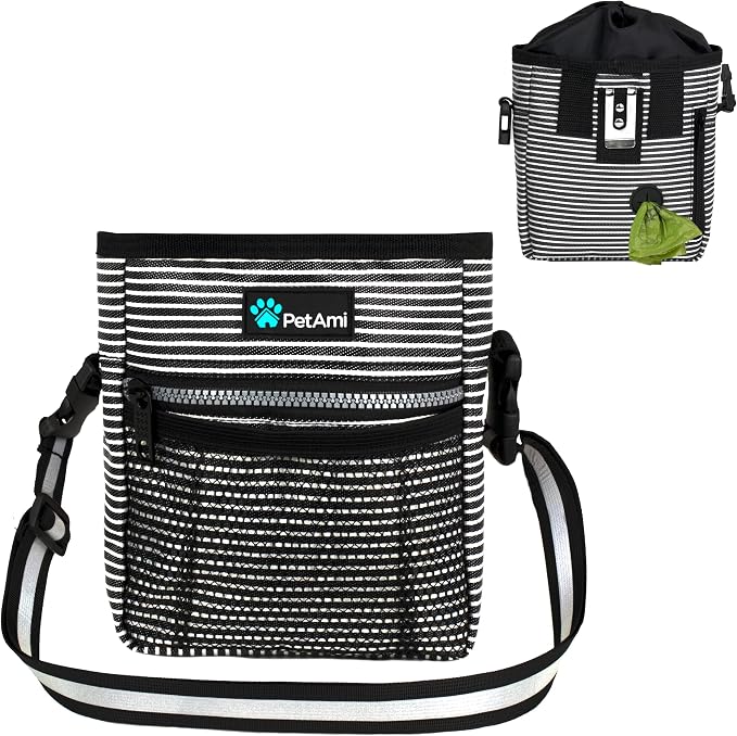 PetAmi Dog Treat Pouch, Pet Treat Pouch For Training, Dog Walking Bag Holder for Kibbles, Pet Food Toy, Dog Trainer Essentials Supplies, Poop Bag Dispenser, 3 Ways to Wear (Black Stripes)