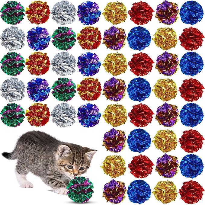 Jexine 104 Pcs Cat Crinkle Ball Bulk Cat Toys 1.69'' Polyester Film Kitten Balls Interactive Lightweight Colorful Kitten Crinkle Balls Soft Crinkle Pet Toys for Keeping Fit and Exercise Indoor