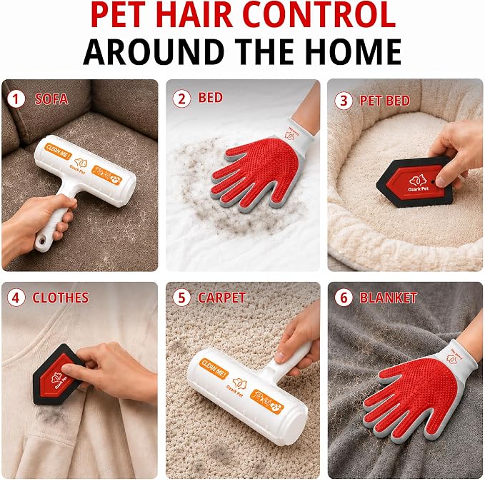 Ozark 4-in-1 Pet Care & Pet Hair Control System for Dogs & Cats – Deshedding Tool, Pet Hair Remover, Grooming Glove, Detail Cleaner for Furniture, Couch, Carpet, Home & Car (Red, Combo 4-in-1 Large)