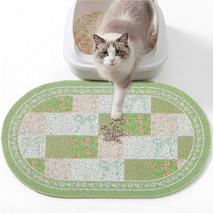 Bienbee Cat Litter Mat, 24" x 15" Litter Box Mat Rug with Non-Slip Bottom,Urine and Water Proof, Easy to Clean Cat Supplies Essentials for Indoor Kitty Kitten Floor, Green Floral Knot M