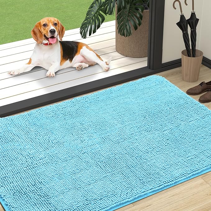 OLANLY Dog Door Mat for Muddy Paws 47x32, Super Absorbent Chenille Mud Mat | Blue, Absorbs Moisture and Dirt, Non-Slip Machine Washable Doormat, Quick-Drying Indoor Entryway Floor Carpet for Dogs