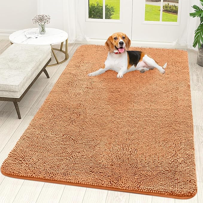 OLANLY Dog Door Mat for Muddy Paws 59x35, Super Absorbent Chenille Mud Mat | Orange, Absorbs Moisture and Dirt, Non-Slip Machine Washable Doormat, Quick-Drying Indoor Entryway Floor Carpet for Dogs