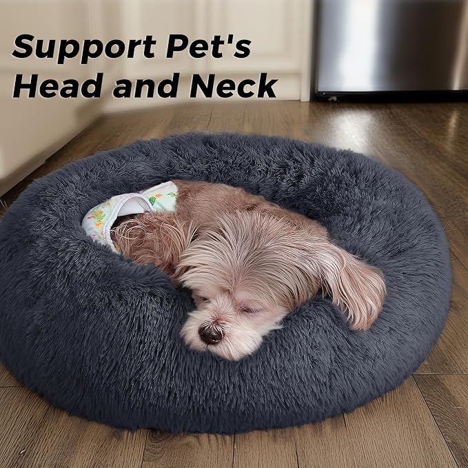 Calming Round Dog Bed & Cat Bed for Indoor Cats, Medium Size Washable Anti-Slip Anti-Anxiety Donut Dog Beds for Small Dogs & Cats, Fluffy Plush Soft Dog Bed(20 Inch, Blue Grey)