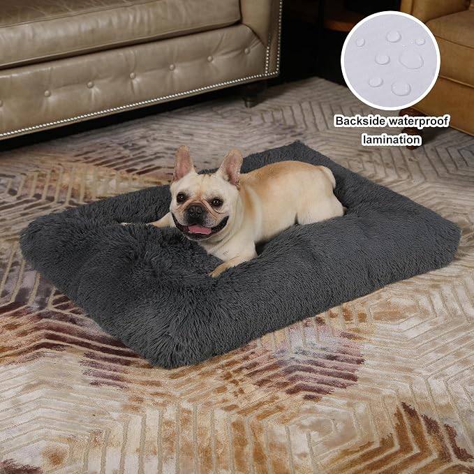 Bedfolks Waterproof Dog Crate Bed, Plush Dog Pad, 35"x23", Solid Dark Grey | Faux Fur Plush Cover, Removable Washable Outer, Waterproof Inner Lining, Non-Slip Base, Crate Pad and Dog Pillow