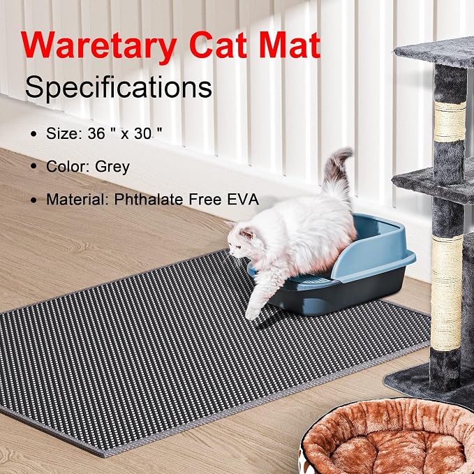 Waretary Cat Litter Mat, 36"x30", Waterproof, Scatter Control, Grey | Double Layer, Urine-Proof, Non-Slip, Durable, Easy to Clean, Paw-Friendly, Safe & Odorless, Fits Large Litter Boxes