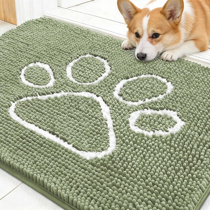 OLANLY Dog Door Mat for Muddy Paws 59x20, Paw Print Design Chenille Mud Mat | Sage Green, Absorbent, Traps Moisture and Dirt, Non-Slip Washable Doormat, Quick-Drying Indoor Entryway Floor Carpet for Dogs