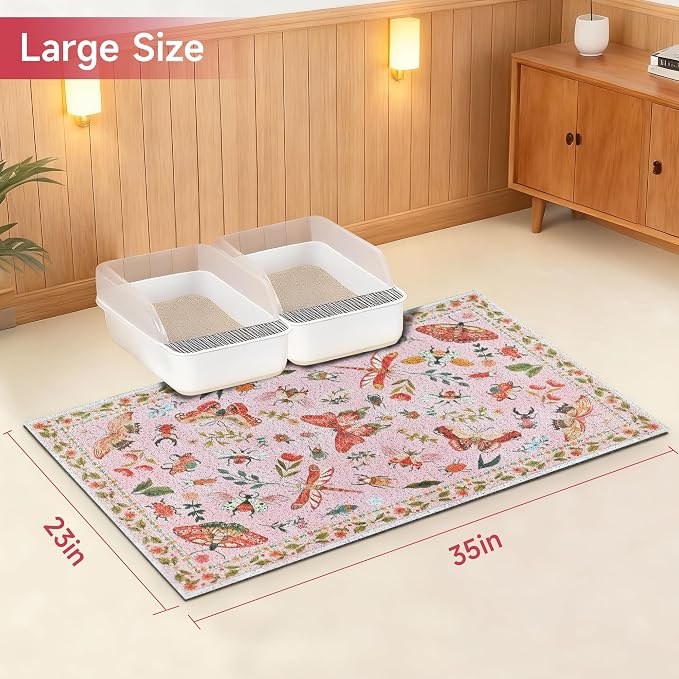 Cat Litter Mat, 35" x 23" Litter Mat, Traps 100% Cat Litter, Non-Slip Litter Box Trapping Mat, Cute Decor Mat, Easy Clean for Scatter Control, Waterproof Urine Protection