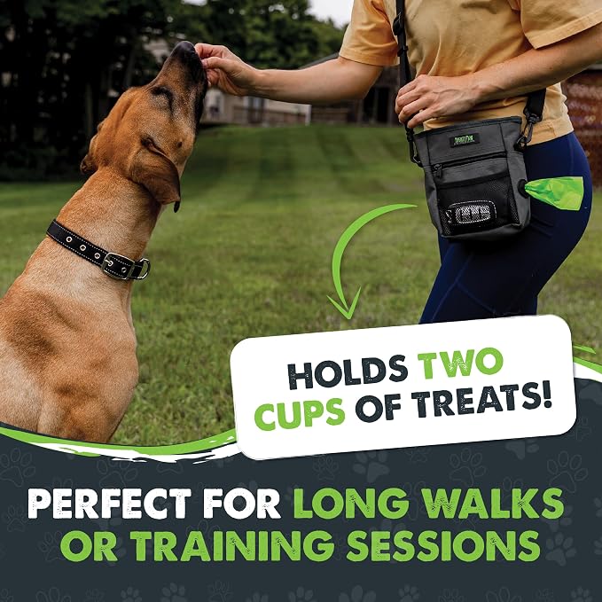 Mighty Paw Dog Treat Pouch, Magnetic No-Spill Clasp, Training Bag | Hands-Free, Belt Sling, Crossbody, Adjustable 30-52in Strap, 4 Compartments, 2 Cups Capacity, Poop Holder