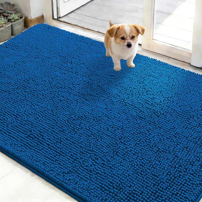 OLANLY Dog Door Mat for Muddy Paws 50x30, Super Absorbent Chenille Mud Mat | Deep Navy Blue, Absorbs Moisture and Dirt, Non-Slip Machine Washable Doormat, Quick-Dry Indoor Entryway Floor Carpet for Dogs