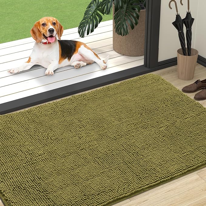 OLANLY Dog Door Mat for Muddy Paws 47x32, Super Absorbent Chenille Mud Mat | Willow Green, Absorbs Moisture and Dirt, Non-Slip Machine Washable Doormat, Quick-Dry Indoor Entryway Floor Carpet for Dogs