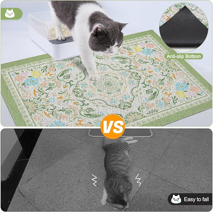 Glittme Cat Litter Mat, 47"x35" Non-Slip Washable Trapping Mat for Cats | Litter Trapping Mat With Thick PVC Coil To Catch Scatter, Soft On Paws And Waterproof Bottom To Protect Floors