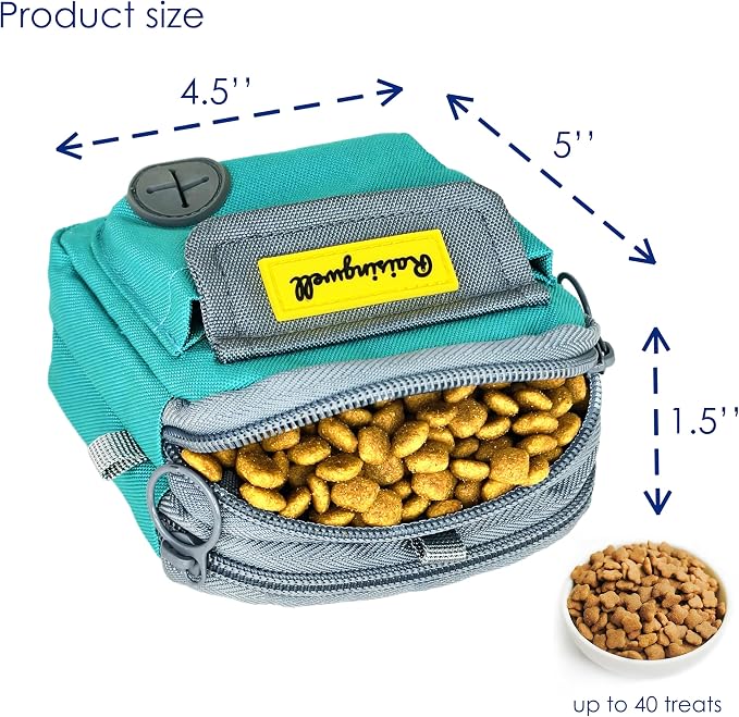 Raisingwell Dog Treat Pouch for Pet Walking and Training with Clicker Poop Bags and Three Bags Design Small Fanny Zipper Pack Holder for Puppy Snack Dispenser Kit for Leash and Outdoor Use (Green)